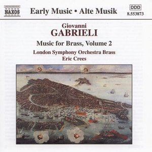 CD cover for Giovanni Gabrieli’s “Music for Brass, Vol. 2” with a cityscape.