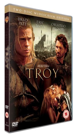 DVD cover for the movie Troy, featuring Brad Pitt and Eric Bana.