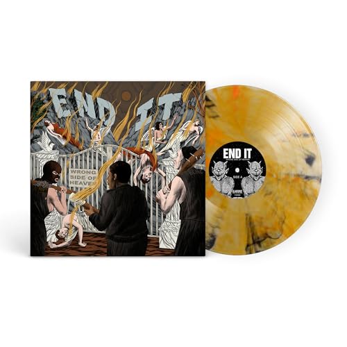Vinyl record with illustrated cover depicting figures and fiery imagery.