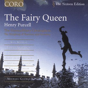 CD cover for Purcell’s “The Fairy Queen” with statue and garden backdrop.