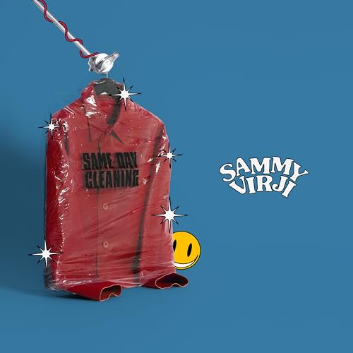 Red shirt in plastic, hanging from a hook, with sparkles.
