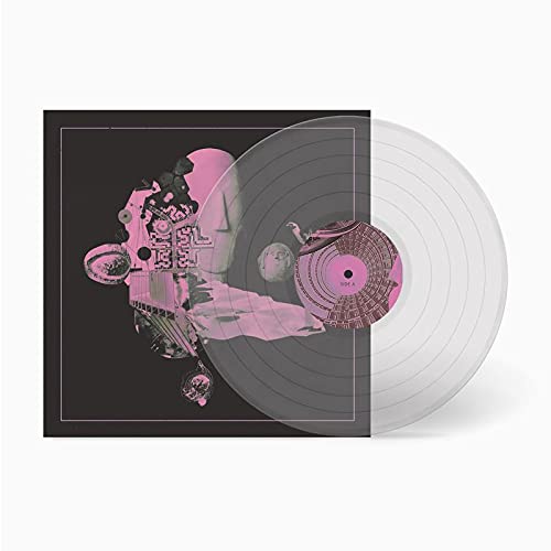 Vinyl record with pink and black abstract album art, translucent disc.