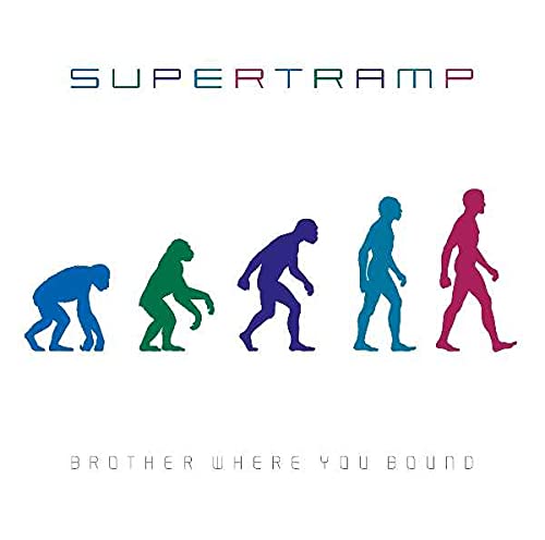 SuperTramp album cover showing the evolution of man in colorful silhouettes on white background.
