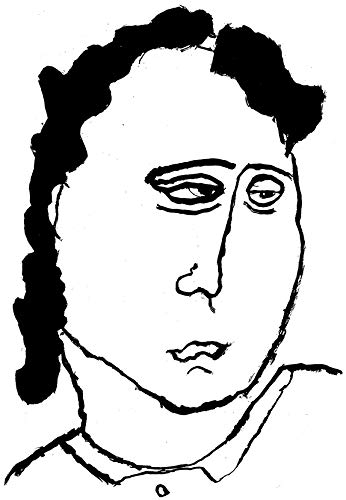 Black and white sketch of a person’s face with wavy hair.