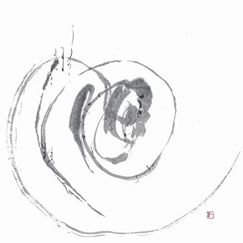 Abstract black ink painting of swirling circular brushstrokes on white.