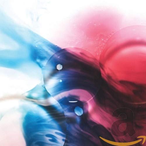 Abstract swirls of red, blue, and white with a logo in the corner.