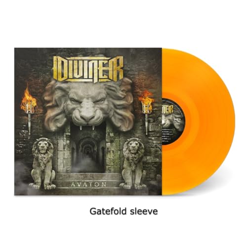 Diviner Avaton album cover with stone lions and a transparent orange vinyl record.
