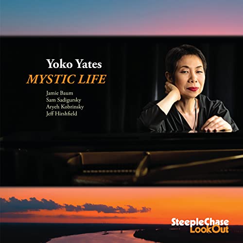 CD cover featuring portrait of Yoko Yates with a piano and sunset.