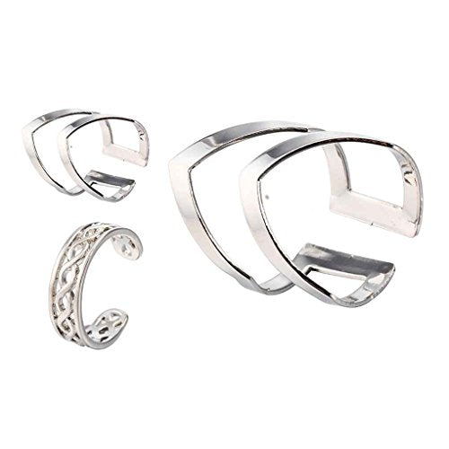 Three silver open-ring bracelets with varying geometric designs are displayed.