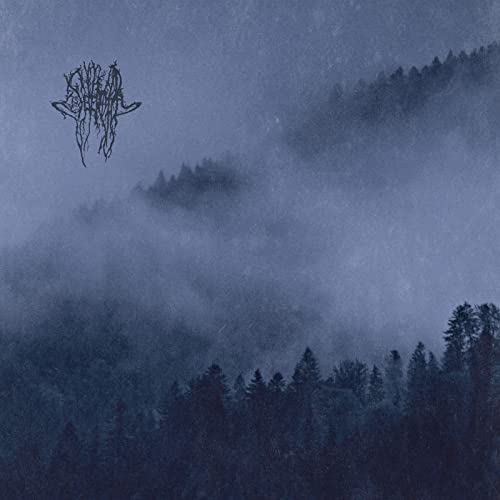 Dark, misty forest landscape with abstract text above silhouetted trees.