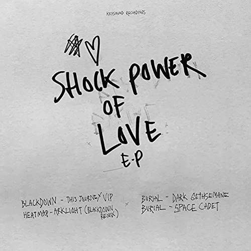 Vinyl record cover with handwritten text: "Shock Power of Love EP".