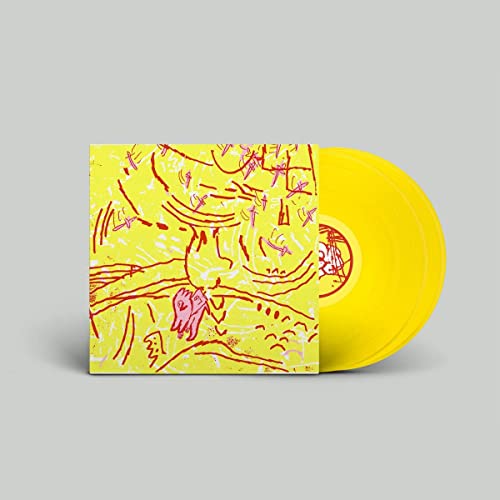 Yellow vinyl record with abstract pink and red line art cover.