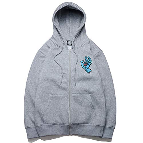 Grey zip-up hoodie featuring a blue screaming hand graphic on the chest.