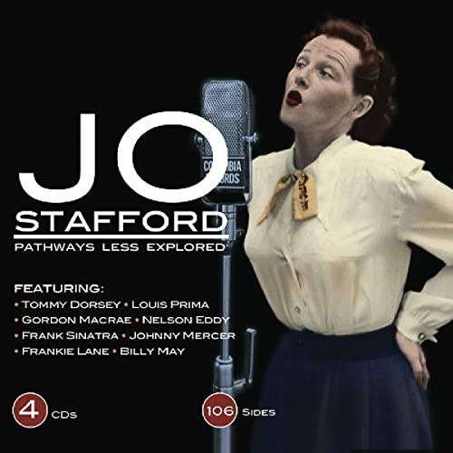 Jo Stafford album cover featuring a vintage microphone and portrait.