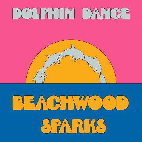 Record cover: Dolphins jumping over a yellow sun on a pink background.
