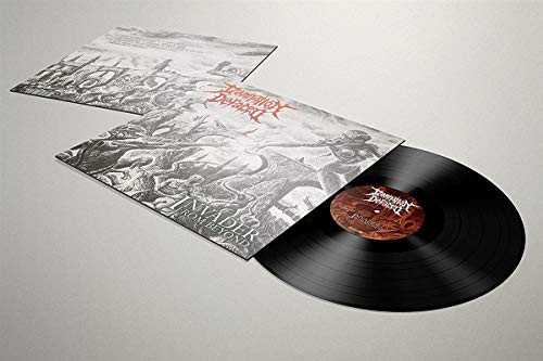 Black vinyl record with cover art depicting a chaotic, grayscale scene.