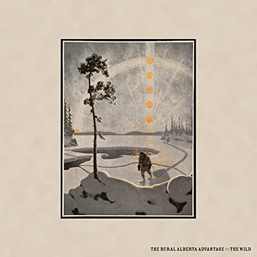 A lone figure walks across a snowy landscape under a sky with floating suns.