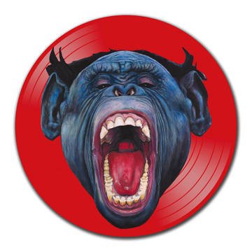 Red vinyl record with a blue gorilla face screaming open-mouthed.