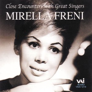 Black and white portrait of opera singer Mirella Freni on a CD cover.
