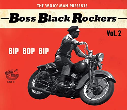 CD cover: man on vintage motorcycle, red background, text “Boss Black Rockers”.