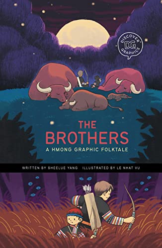 Book cover showing two brothers with bows in a forest near water buffalo at night.