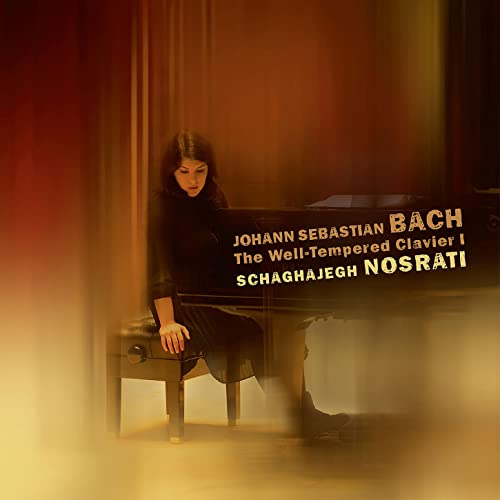 Pianist Schaghajegh Nosrati at a grand piano, album cover for Bach’s clavier.