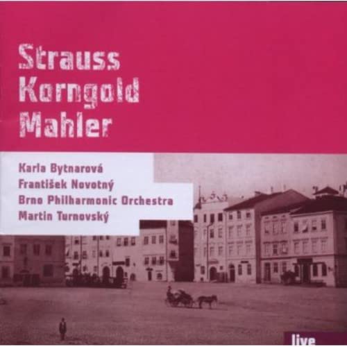 CD cover featuring composers Strauss, Korngold, Mahler and a townscape.