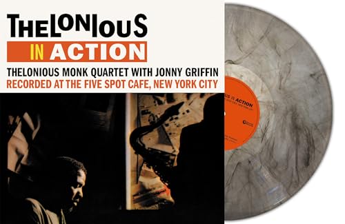 Thelonious Monk album cover and grey marble vinyl record with orange label.