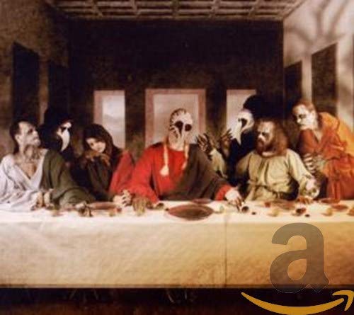 CD cover depicting a distorted, masked version of The Last Supper.