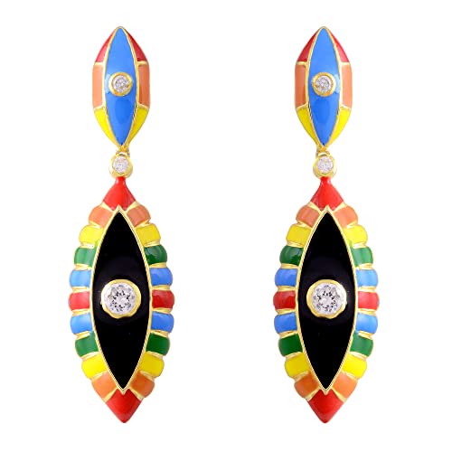 Colorful, elongated enamel earrings with central clear gemstones.