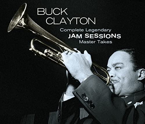 Black and white portrait of Buck Clayton playing a trumpet.
