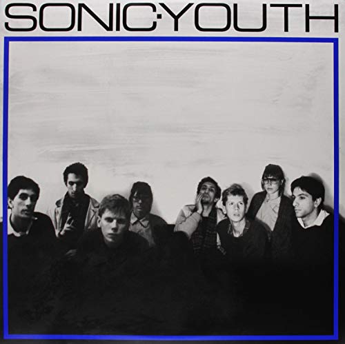 Black and white band portrait of Sonic Youth inside a blue bordered frame.