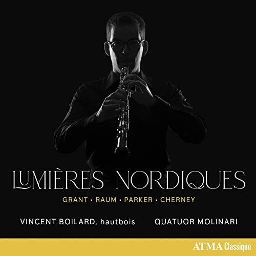 Close-up of a man playing the oboe, album cover “Lumières Nordiques.”