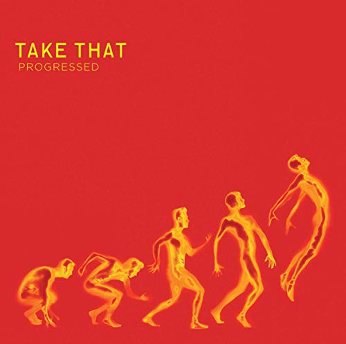 Take That “Progressed” CD cover: red background with evolving figures.