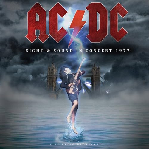 AC/DC album cover: guitarist performing before Tower Bridge in mist.