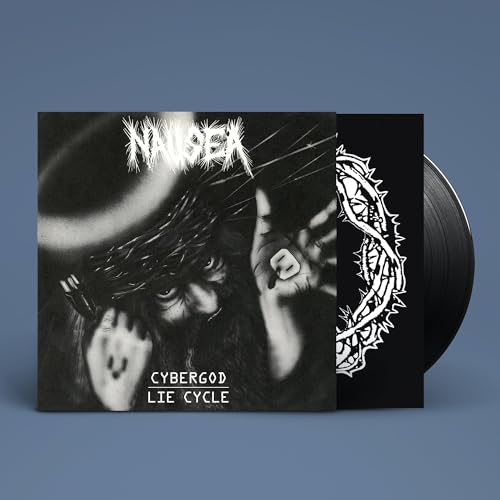 Nausea album cover with distorted face and vinyl record beside it.