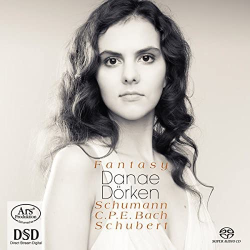 Black and white portrait of Danae Dörken, classical pianist, CD cover.