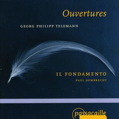CD cover for Telemann’s “Overtures” featuring a white feather on dark blue.