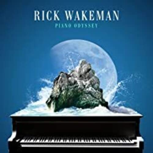 Rick Wakeman's "Piano Odyssey" CD cover with piano and rocky seascape.