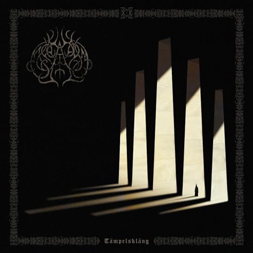 Dark album cover with ornate script, monoliths, and a small figure.