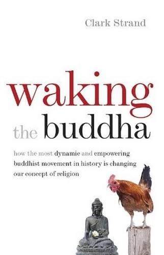 Book cover: “Waking the Buddha” with a rooster and Buddha statue.