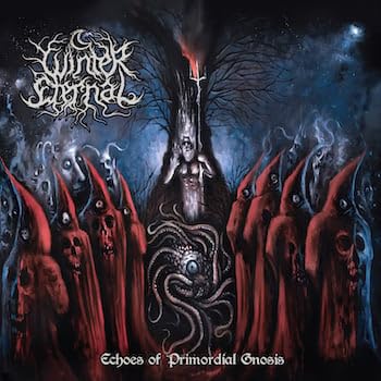 Dark album cover with hooded figures and a swirling, fiery tree.