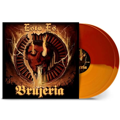 Brujeria album cover art next to an orange and red split-colored vinyl record.