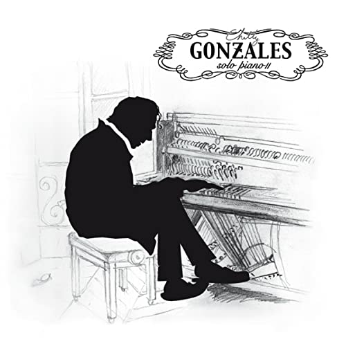 Black and white sketch of a man playing a piano, album cover.