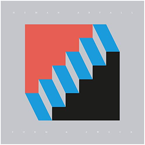 Abstract geometric album art with red, blue, and black stepped shapes on grey.