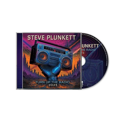 CD case for Steve Plunkett’s “Turn Up The Radio 2025” with boombox art.