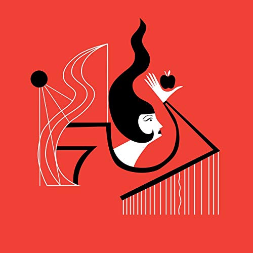 Red album cover with abstract black and white illustration of a woman with an apple.