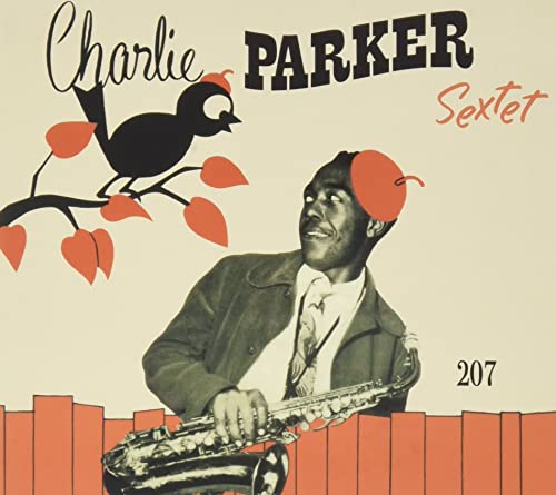 Charlie Parker portrait with a bird, saxophone, and red abstract shapes.