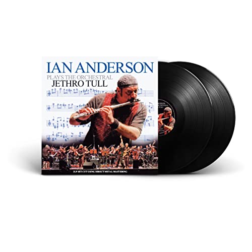 Ian Anderson playing flute on album cover with two vinyl records.