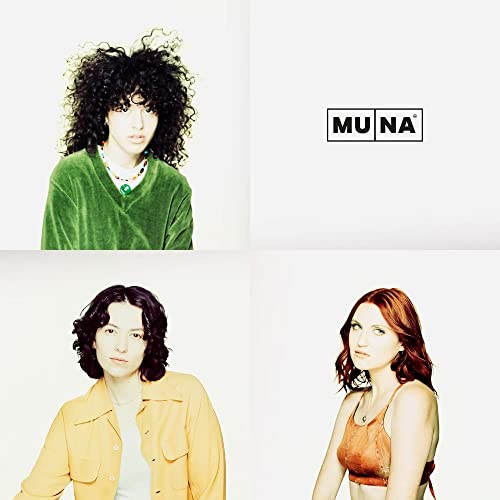 The band MUNA featured in a four-panel grid with their logo on white background.
